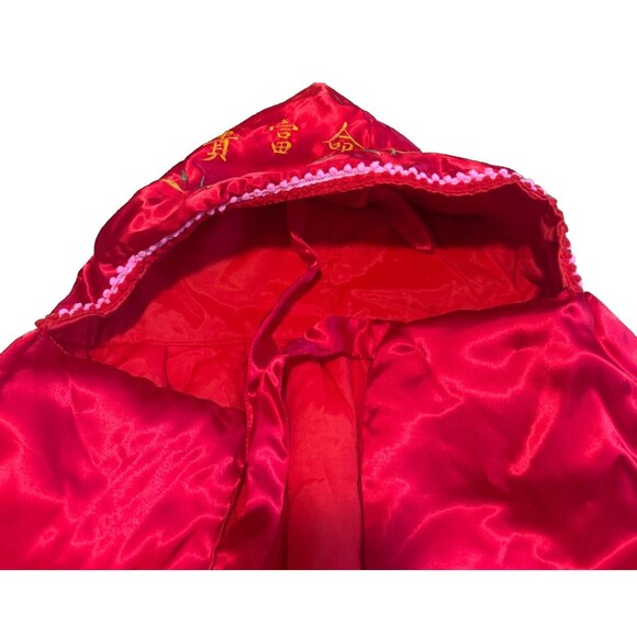Vintage Child's Red Satin Chinese Hanfu Cloak Embroidered Hooded Cape Doupeng - Picture 7 of 13